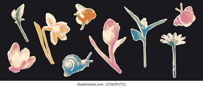 Spring flowers torn paper clippings set. Halftone duotone floral stickers with vintage risograph gradient texture. Daffodil, tulip, crocus, daisy flower. Modern retro collage vector illustration
