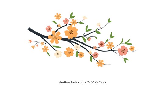 Spring flowers tree branch, blossom floral isolated on white background, garden leaves tree branch vector illustration