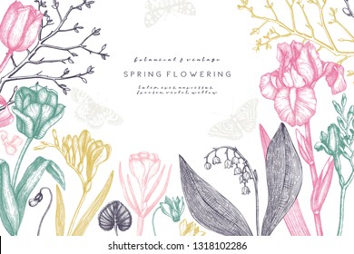 Spring flowers and trees design.  Floral elements, buds, leaves drawings. Hand drawn botanical illustrations. Garden and forest plants sketches. Vector invitation or greeting card template.