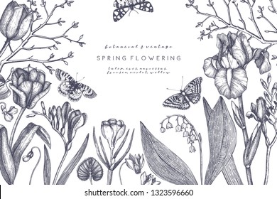 Spring flowers and trees design. Floral elements, buds, leaves, twigs drawings. Hand drawn botanical illustrations. Garden plants sketches. Vector invitation or greeting card template. Vintage art.