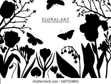 Spring flowers and trees design. Floral elements, buds, leaves, twigs silhouettes. Hand drawn botanical illustrations. Garden plants sketches. Vector invitation or greeting card template. Vintage art.