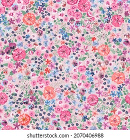 Flores de primavera estampadas a la moda. Patrón floral sin foco. Diseño de planta para tela, diseño de tela, cubiertas, fabricación, papel pintado, papel de regalo, envoltura de regalo y reserva de chatarra.