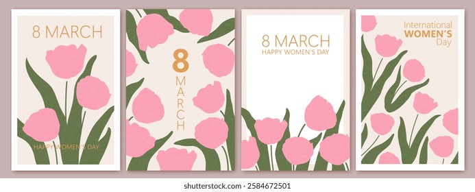 Spring flowers, tulips. 8 March, womens day, mother's day holiday cards set. Bright colorful botanical background, pattern. 