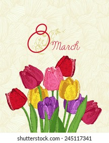 Spring flowers. Tulips. Greeting Card for March 8. Poster with flowering plants in doodle vintage style. Sketch. Hipster blossom design. 