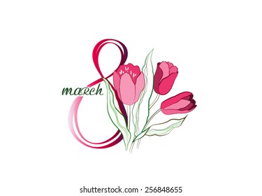 Spring flowers. Tulips. Greeting Card for March 8. Poster with flowering plants in doodle vintage style. Sketch. Hipster blossom design.