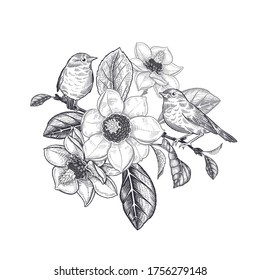 Spring flowers and two cute birds on a tree branch of a blossoming magnolia. Black and white vector floral illustration. Vintage decoration for love message, wedding invitation, interior design.