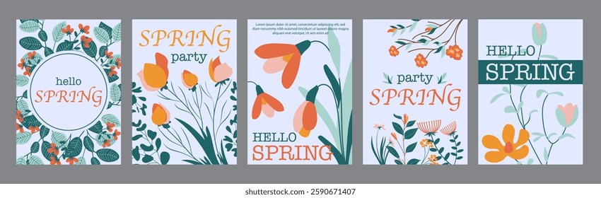 Spring flowers typography template posters. Vertical covers with beautiful colourful blossoms, snowdrops and tulips, wildflowers bouquet. Modern banners set in minimalism design. Vector illustration.