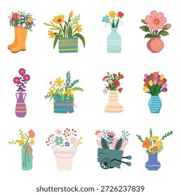 Flores de primavera en colección de florero. Vector de ramos de colores en ollas y regaderas para la decoración del hogar diseño de interiores