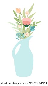 Spring flowers in vase composition isolated on white background. Drawing design element for postcard, brochures, invitation template . Vector illustration