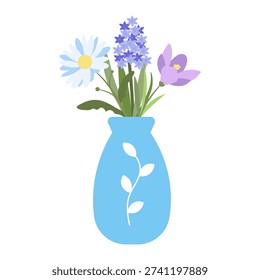 Spring Flowers in Vase Flat Style Isolated on White Background. Spring Flowers in Floral Vase. Composition with Chamomile, Crocus, Lilac in Simple Naive Children's Style. Vector Illustration