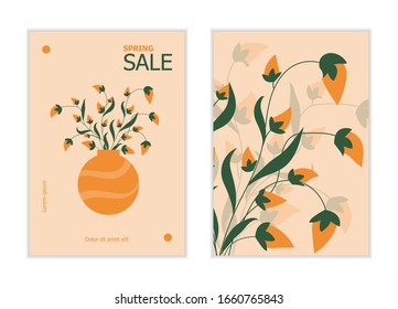 Spring flowers in vase and floral background bright vintage vector illustration. Magazine, book, newspaper or card design template. Flat concept of branches and leaves for flyers, brochure design.