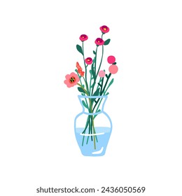Spring flowers in vase. Gentle field floral plants. Fresh blooms. Simple fragile wild blossoms. Cut meadow wildflowers bouquet, stems isolated on white background. Flat vector illustration