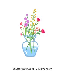 Spring flowers in vase. Gentle field floral plants. Fresh blooms. Simple fragile wild blossoms. Cut meadow wildflowers bouquet, stems isolated on white background. Flat vector illustration