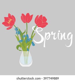 Spring. Flowers in a vase on a gray background