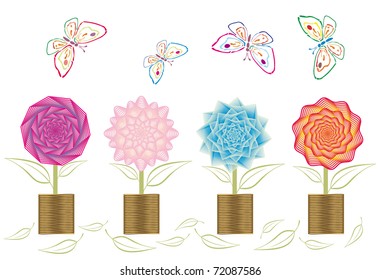 Spring flowers in vases isolated on white