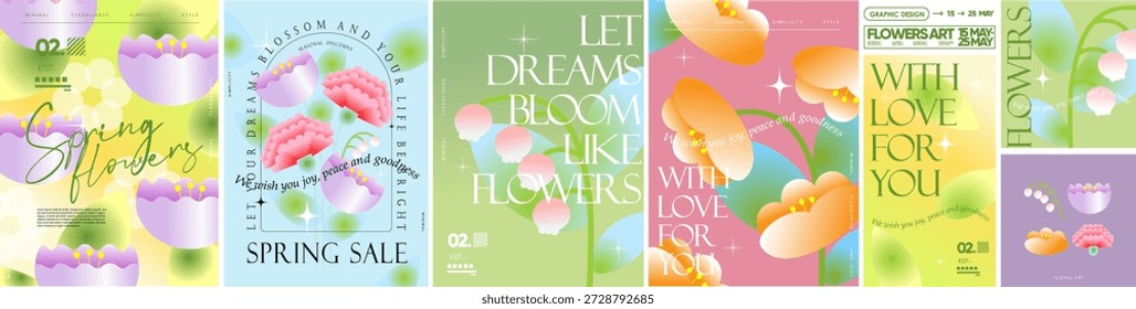 Flores de primavera. Vetor abstrato moderno na moda ilustração gradiente de cravo, lírio do vale, e tulipa para um cartão de cumprimentos florais pastel, folheto de venda, cartaz florido, capa ou fundo.