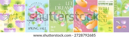 Spring flowers. Vector abstract trendy modern gradient illustration of carnation, lily of the valley, and tulip for a pastel floral greeting card, sale flyer, blooming poster, cover or background.