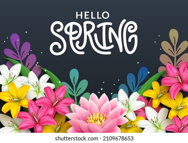 Spring flowers vector background design. Hello spring typography greeting text with lily and lotus flower bunch  element for floral bloom season celebration decoration. Vector illustration.
