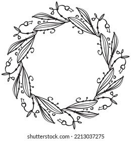 Spring flowers vector decorative wreath - forest magic. Doodles - black lines on white.