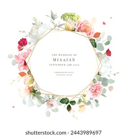 Spring flowers vector design geometry invitation frame. Rustic wedding greenery. Mint, blue, green tones. Watercolor save the date card. Summer rustic style. All elements are isolated and editable