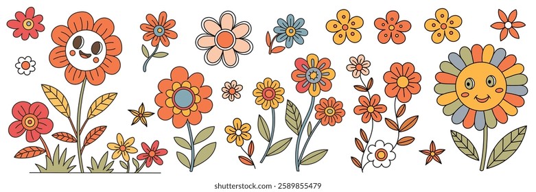 Spring flowers vector drawing, multicolor cartoon, children's drawing, isolated on white background