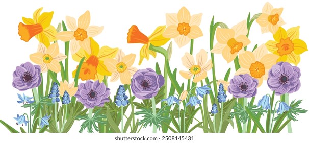 Frühlingsblumen, Vektorgrafik von Wildpflanzen auf weißem Hintergrund, florale Komposition, handgezeichnete botanische Illustration