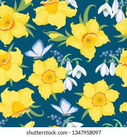 Spring flowers vector. Floral seamless pattern. Daffodils Flowers