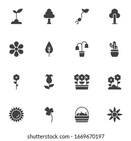 Spring flowers vector icons set, modern solid symbol collection, filled style pictogram pack. Signs logo illustration. Set includes icons as growing plant in soil, tree, houseplant, cactus, flower pot