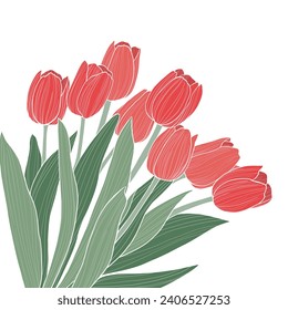 Spring flowers vector illustration. Bouquet of red tulips flowers with ribbon. Valentine's Day, Birthday, Mother's Day.