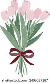 Spring flowers vector illustration. Bouquet of pink tulips flowers with ribbon. Valentine's Day, Birthday, Mother's Day.