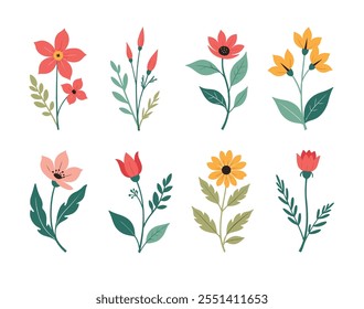 Ilustración vectorial de flores de primavera, Colección floral minimalista