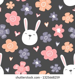 Spring flowers. Vector seamless pattern with flowers, leaves and rabbits. Fresh pattern for home decor. Seamless pattern can be used for pattern fills, web page background, surface textures.