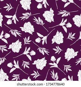 Spring flowers vector seamless pattern. White peonies branches on s darck background.