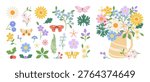 Spring flowers vector set with butterfly, leaves and pastel floral bouquet in striped vase. Colorful botanical collection for greeting cards, invitations, posters and seasonal design.