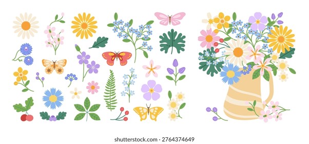 Spring flowers vector set with butterfly, leaves and pastel floral bouquet in striped vase. Colorful botanical collection for greeting cards, invitations, posters and seasonal design.