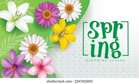 Spring flowers vector template design. Spring blooming season text with fresh and beautiful flower elements for greeting card background. Vector Illustration. 
