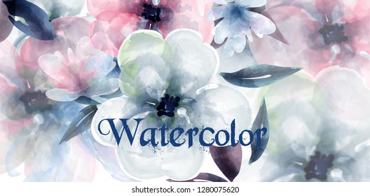 Spring flowers watercolor background Vector. Delicate blooming floral banner decor. Invitation card, wedding ceremony, postcard, Women day greeting. colorful drops flow. Beautiful pastel color