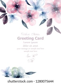 Spring flowers watercolor card Vector. Delicate blooming floral banner decor. Invitation card, wedding ceremony, postcard, Women day greeting. colorful drops flow. Beautiful pastel color
