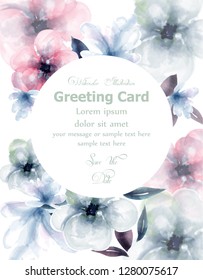 Spring flowers watercolor round card Vector. Delicate blooming floral banner decor. Invitation card, wedding ceremony, postcard, Women day greeting. colorful drops flow. Beautiful pastel color