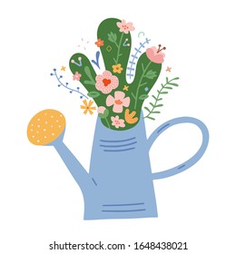 Spring flowers in watering can, fresh bouquet with various spring flowers branches and leaves, rural style, cute hand drawn vector illustration, garden blossom, good as card, banner or print poster.