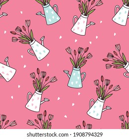 Spring flowers in a watering can on a pink background. Spring seamless pattern, valentine`s day, woman`s day.Beautiful spring flowers watering cans, great design for any purposes.