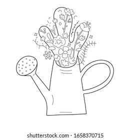 Spring flowers in watering can, outline doodle drawing, fresh bouquet with various spring flowers branches and leaves, rhand drawn vector illustration, good as card, banner or print poster.