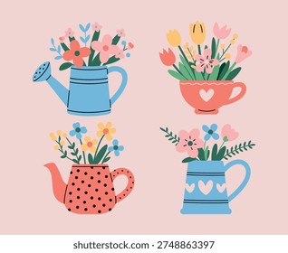 Spring Flowers in Watering Cans and Teacups Flat Design with Pastel Colors Stock Illustration