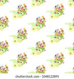 Spring flowers in wheelbarrow seamless pattern