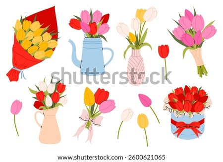 Spring flowers. Flowers in wrapping paper. Set different tulip bouquets. Floral design templates for Women's and Mother's Day. Flowers in vase, teapot and jug.