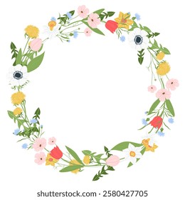 Spring flowers wreath, circle frame. Cosmos flower, Tulip, Cornflower, Dandelion, Daffodil, Anemone. Vector flat illustrations. Easter, Spring, Summer flowers. Isolated on white