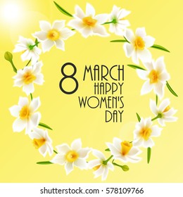 Spring flowers wreath of daffodil narcissus. 8 march greeting card. Women's day congratulations.
