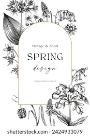 Spring flowers wreath design. Wildflower sketches. Floral background, greeting card, wedding invitation template. Hand-drawn vector illustration, NOT AI