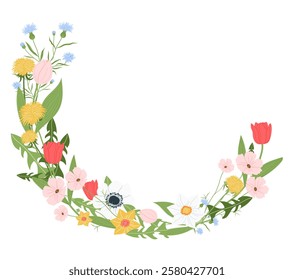 Spring flowers wreath, frame. Cosmos flower, Tulip, Cornflower, Dandelion, Daffodil, Anemone. Vector flat illustrations. Easter, Spring, Summer flowers. Isolated on white