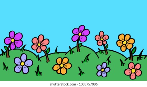 Spring flowers,grass with sky background. seamless vector art.